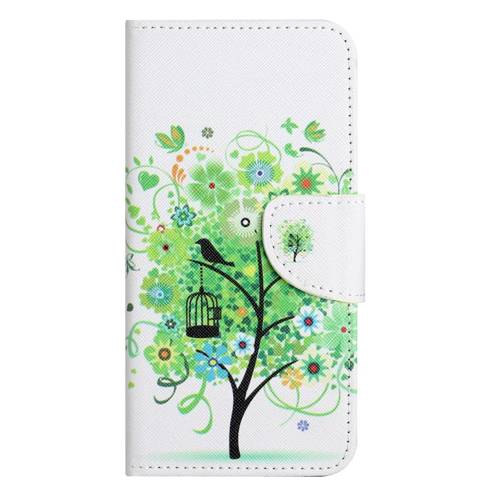 For Samsung Galaxy A25 5G (Global) (161.0 x 76.5 x 8.3mm) Pattern Printing Leather Wallet Case Stand Cross Texture Phone Cover - Green Tree - 5