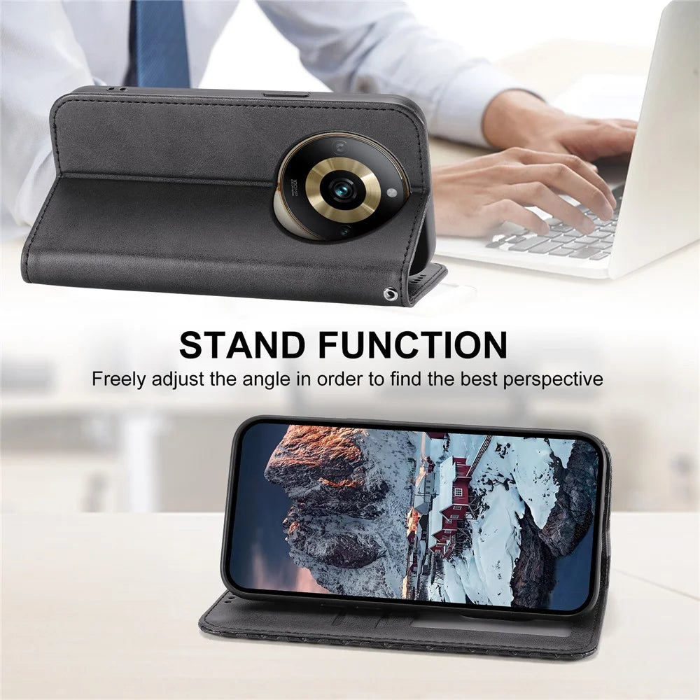 Leather Phone Case for Realme 11 Pro 5G Anti-fall Imprinted Rhombus Pattern Wallet Stand Cover - Black - 4