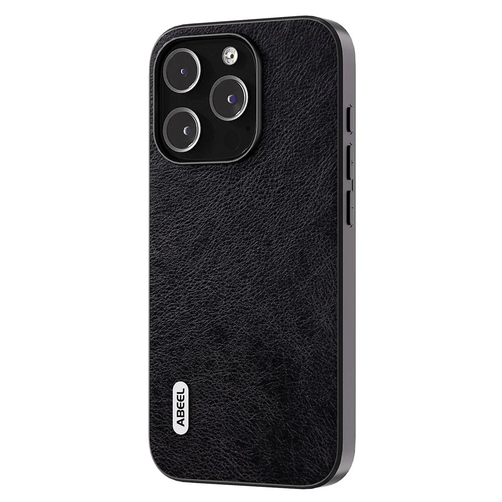 ABEEL Back Shell for iPhone 15 Pro Phone Case Litchi Texture PU Leather Coated TPU Shockproof Cover - Black - 2