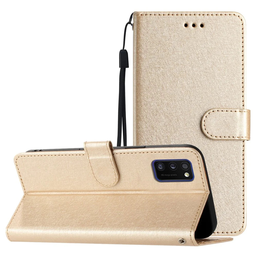 Magnetic Clasp Case for Samsung Galaxy A41 (Global Version) Silk Texture Leather Wallet Stand Shell with Hand Strap - Gold - 7