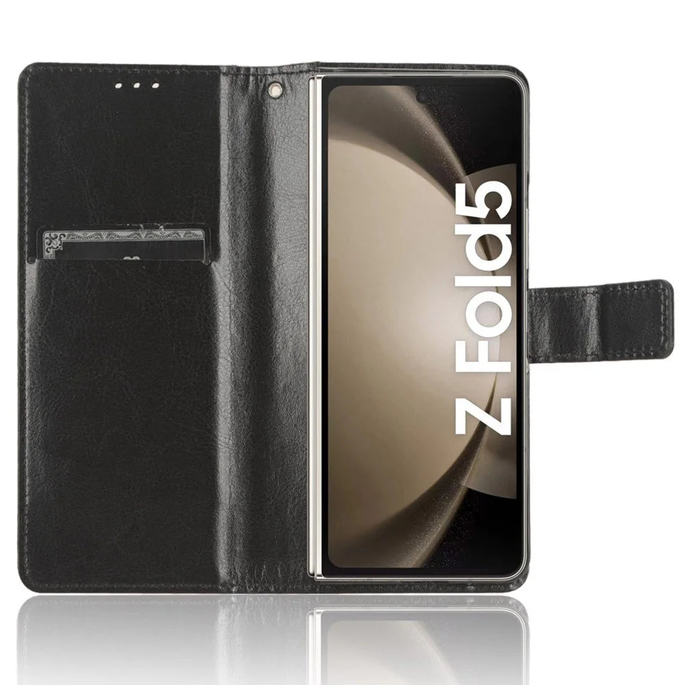 For Samsung Galaxy Z Fold5 5G Card Holder Phone Leather Case Crazy Horse Texture Stand Cover - Black - 2