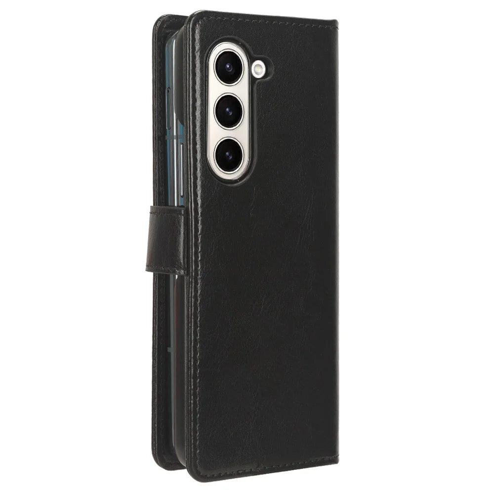 For Samsung Galaxy Z Fold5 5G Card Holder Phone Leather Case Crazy Horse Texture Stand Cover - Black - 5
