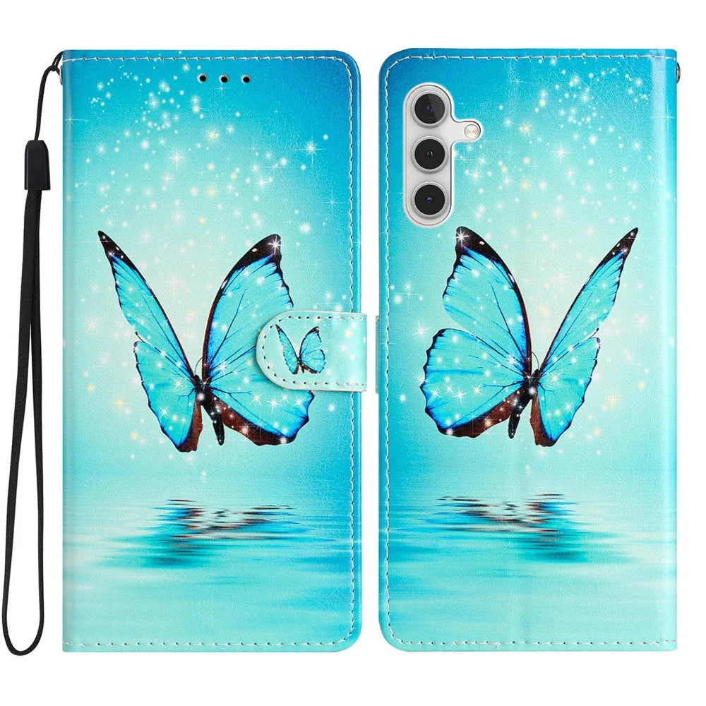 For Samsung Galaxy A25 5G (Global) (161.0 x 76.5 x 8.3mm) PU Leather Pattern Printing Phone Case Stand Flip Wallet Cover with Strap - Blue Butterfly - 1