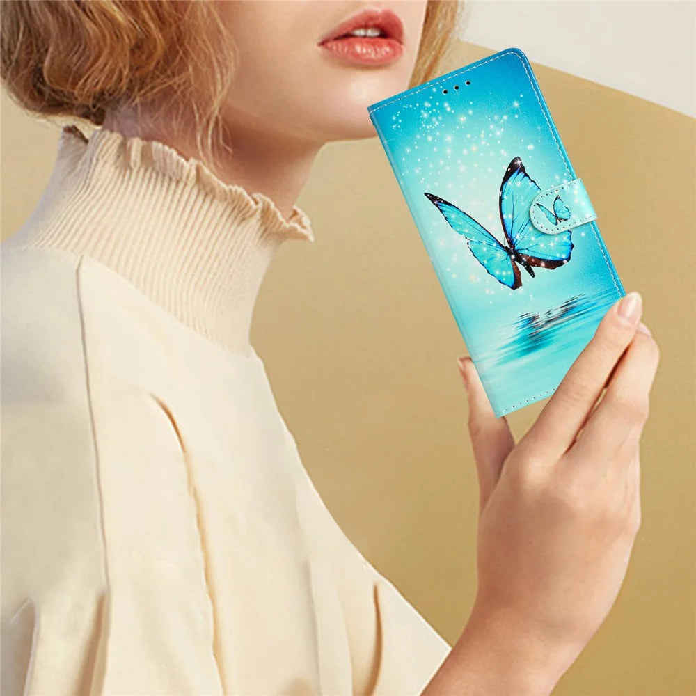 For Samsung Galaxy A25 5G (Global) (161.0 x 76.5 x 8.3mm) PU Leather Pattern Printing Phone Case Stand Flip Wallet Cover with Strap - Blue Butterfly - 4