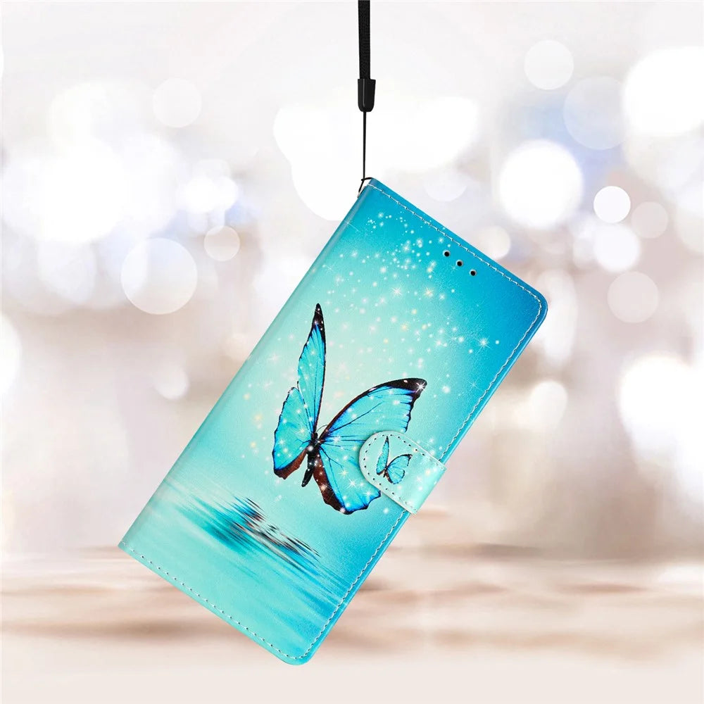 For Samsung Galaxy A25 5G (Global) (161.0 x 76.5 x 8.3mm) PU Leather Pattern Printing Phone Case Stand Flip Wallet Cover with Strap - Blue Butterfly - 5