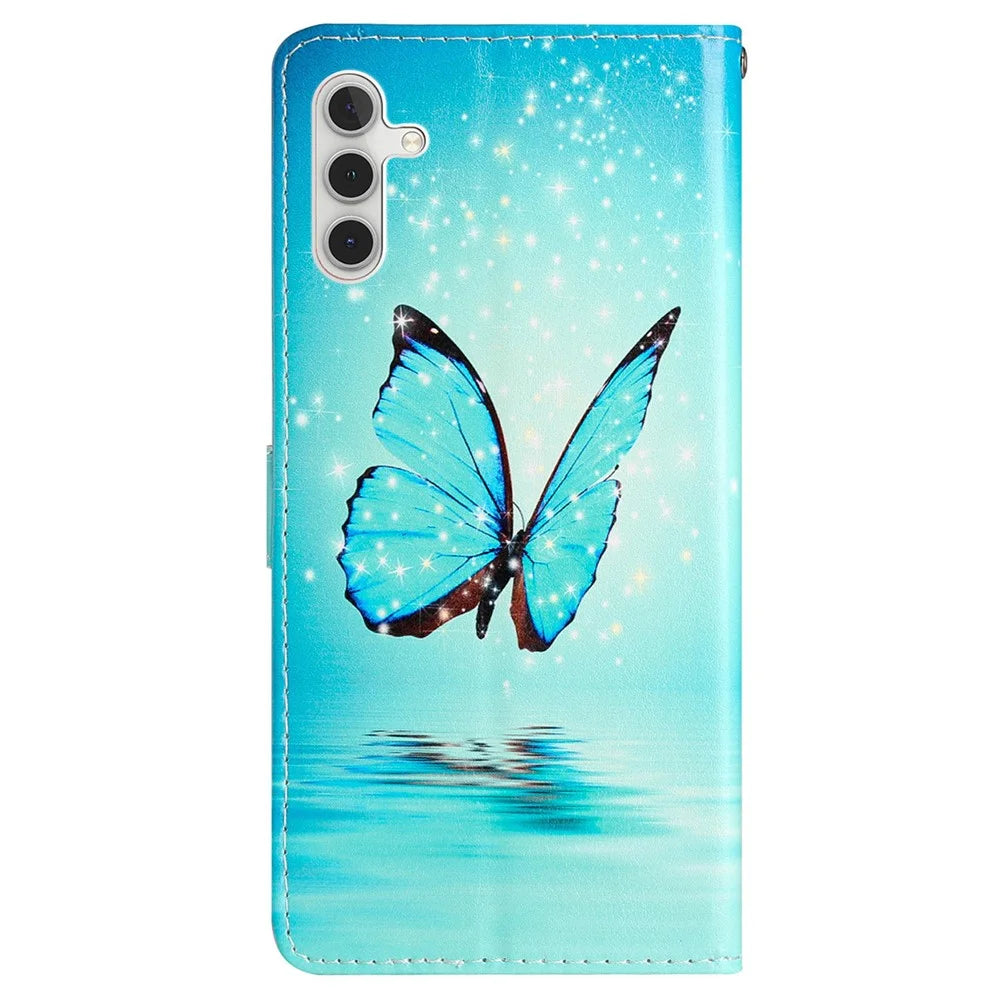 For Samsung Galaxy A25 5G (Global) (161.0 x 76.5 x 8.3mm) PU Leather Pattern Printing Phone Case Stand Flip Wallet Cover with Strap - Blue Butterfly - 7