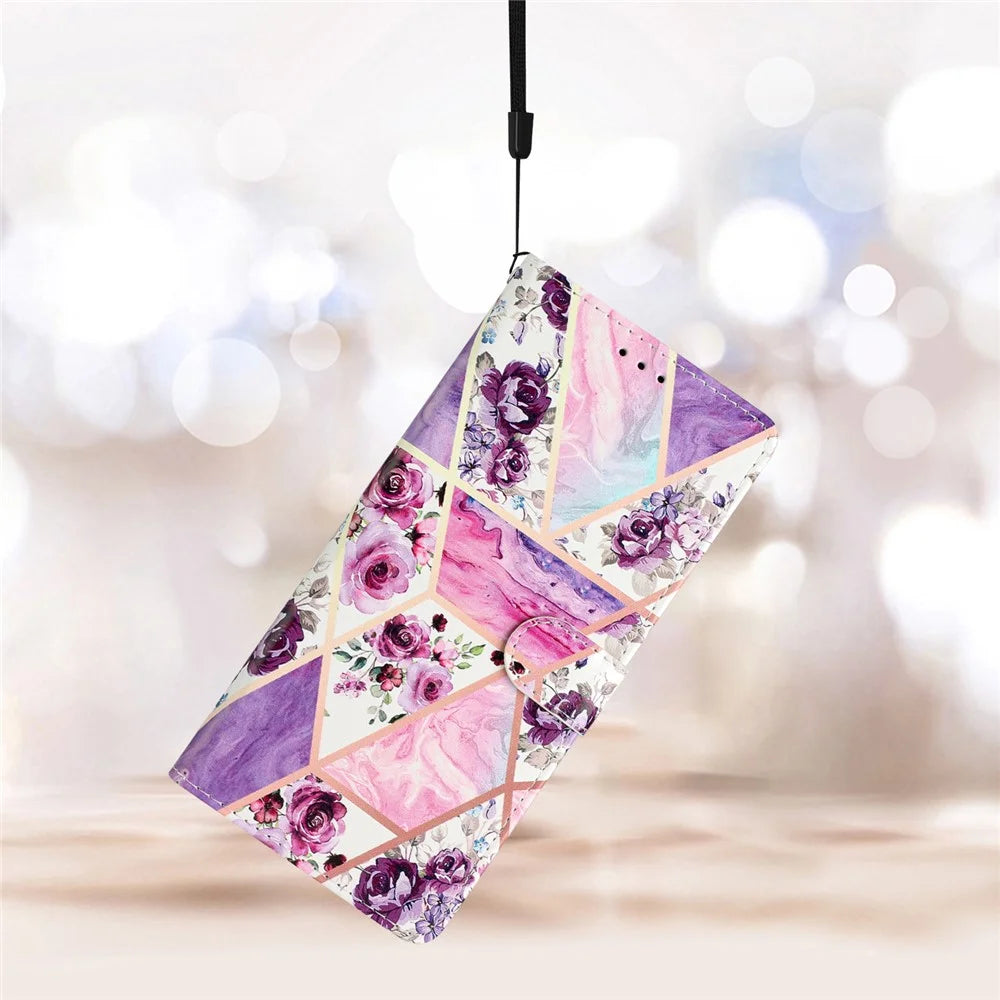 For iPhone 15 Pro Max Pattern Printing Flip Phone Case PU Leather Wallet Stand Cover with Strap - Purple Flowers - 5