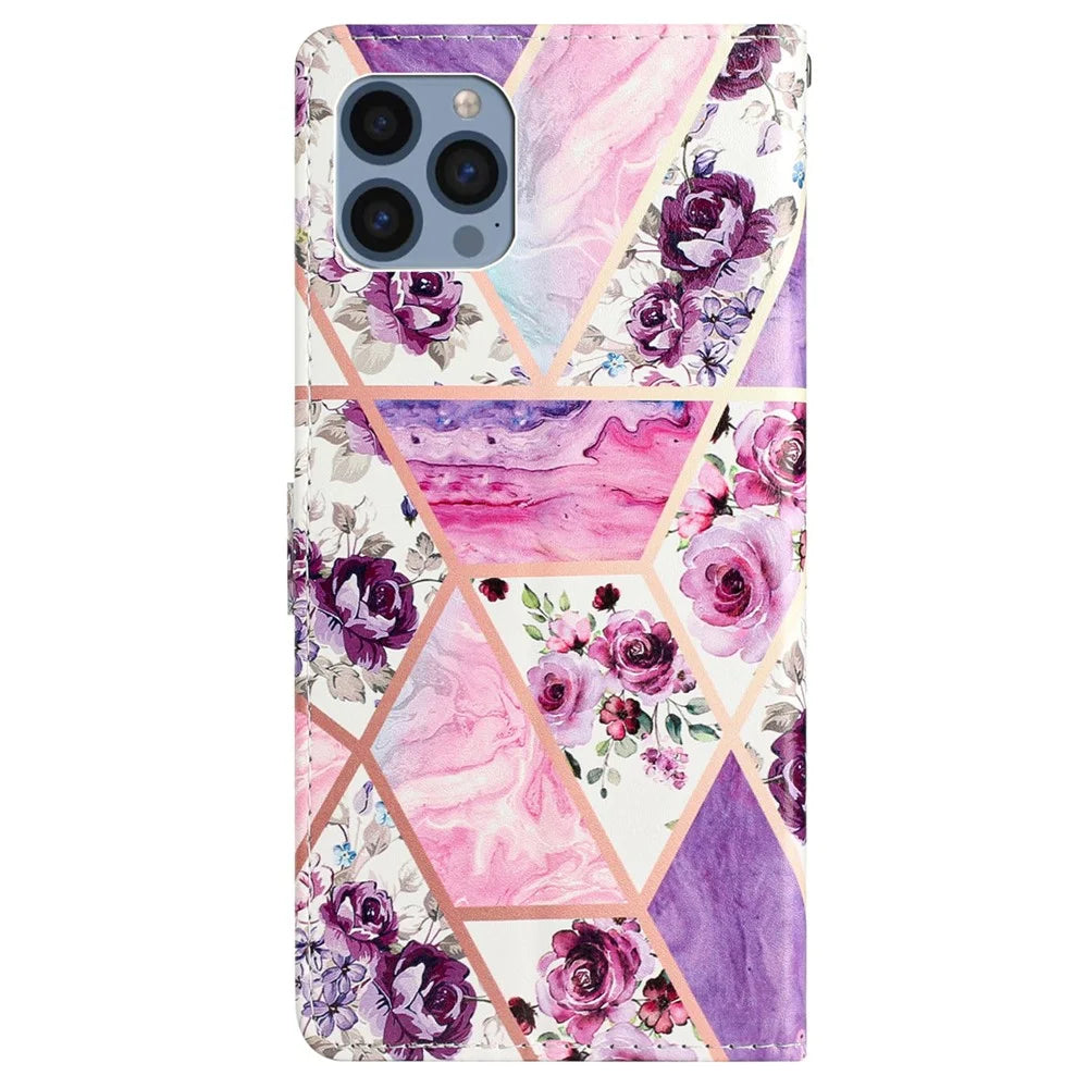 For iPhone 15 Pro Max Pattern Printing Flip Phone Case PU Leather Wallet Stand Cover with Strap - Purple Flowers - 7