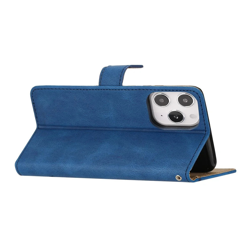 For iPhone 15 Pro Max Phone Stand Case Wallet PU Leather Phone Cover Crazy Horse Texture Imprinted Lines Shell - Blue - 4
