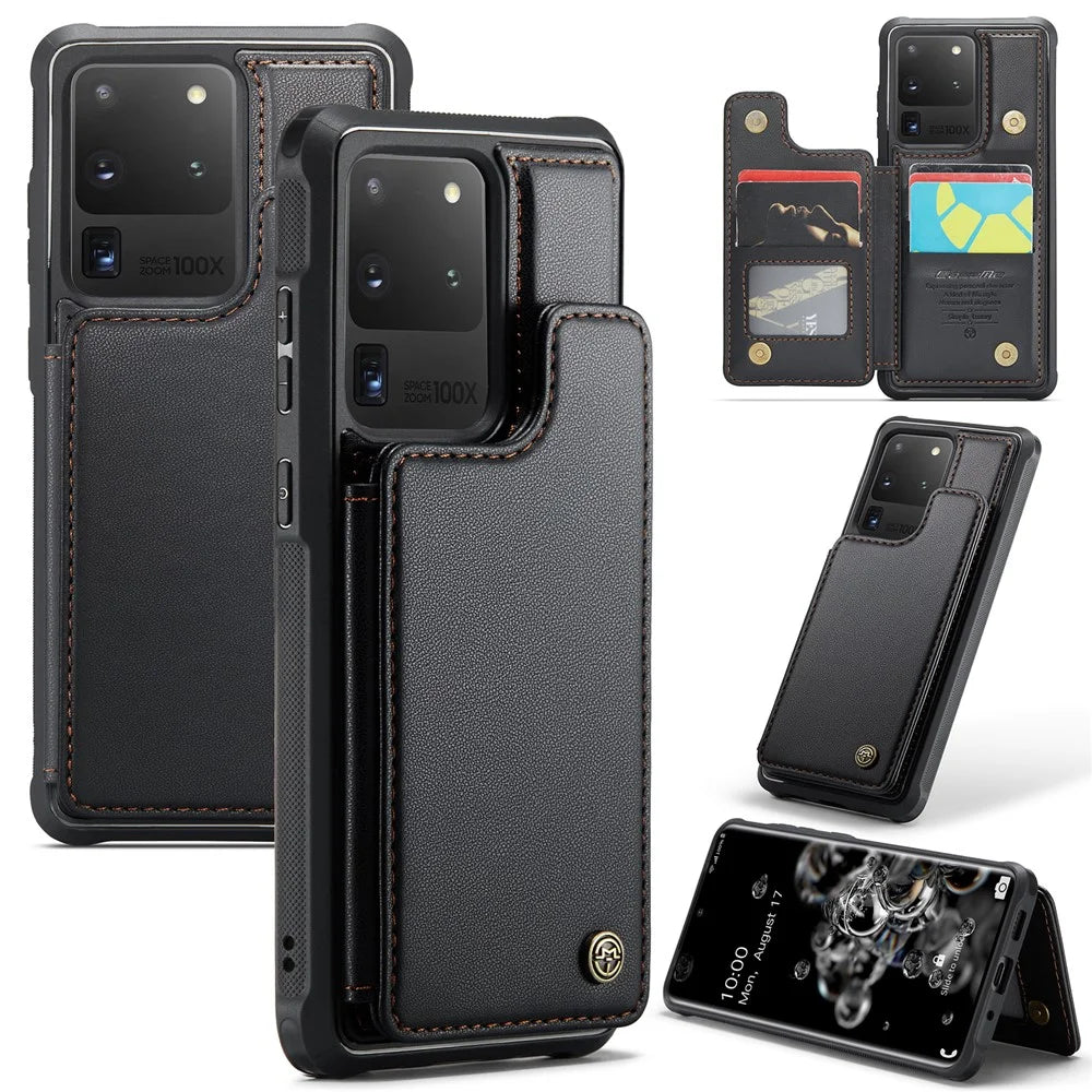 For Samsung Galaxy S20 Ultra Phone Case CASEME C22 Leather Back Cover with RFID Blocking Card Slots - Black - 1