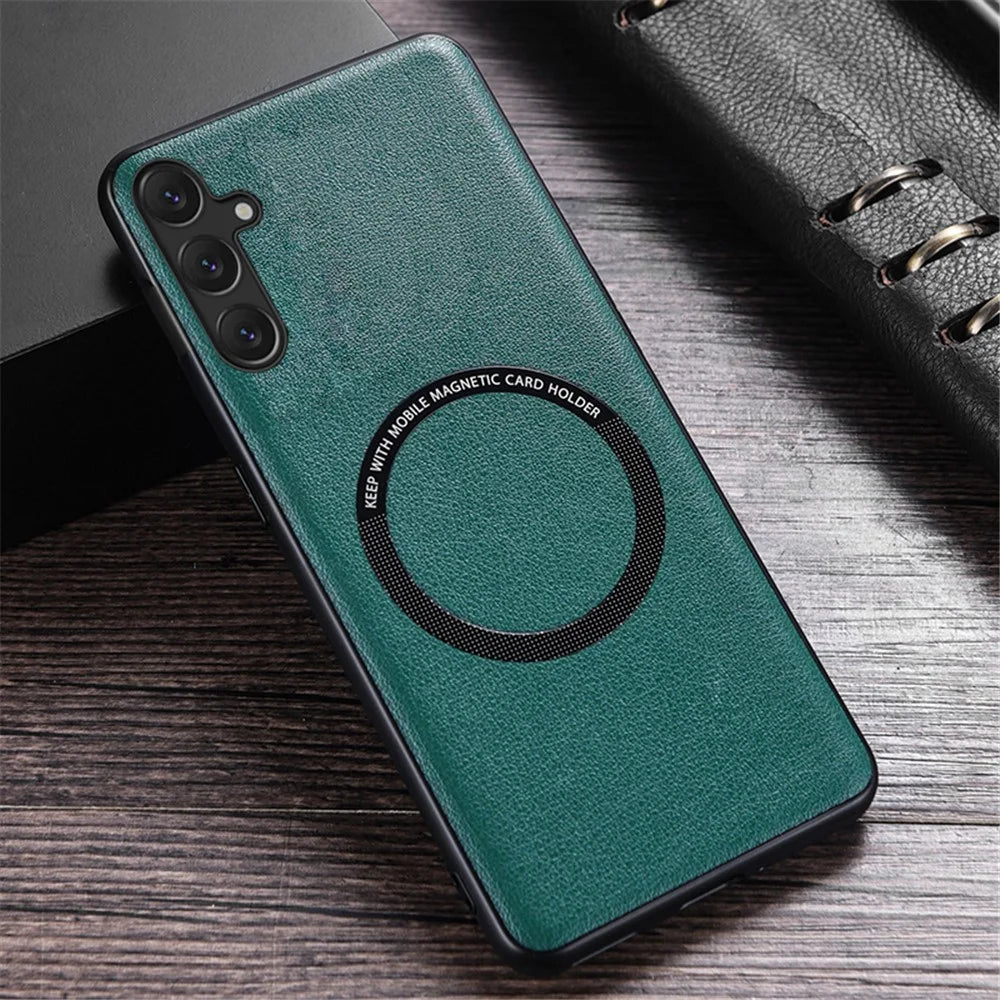 For Samsung Galaxy S23 FE Magnetic Phone Case PU Leather Coated TPU Cover Magnetic Case - Green - 2