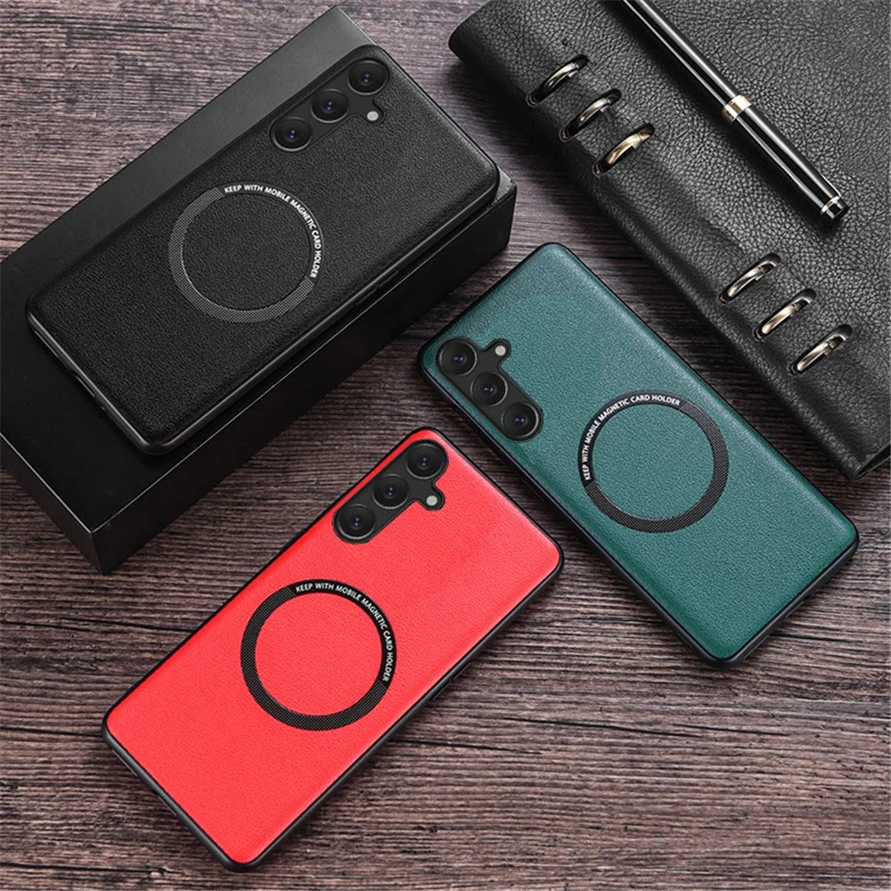 For Samsung Galaxy S23 FE Magnetic Phone Case PU Leather Coated TPU Cover Magnetic Case - Green - 5