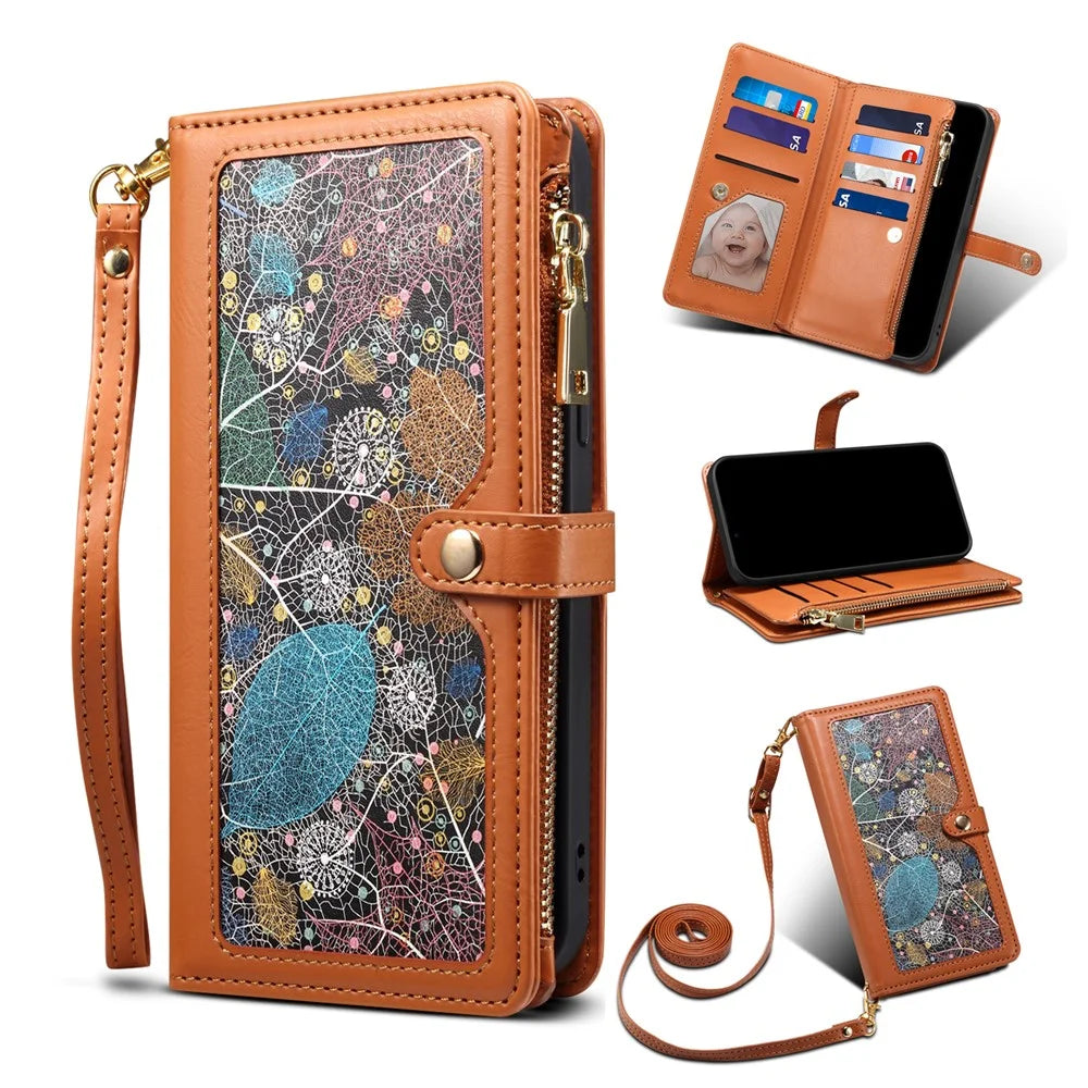 ESEBLE RFID Blocking Wallet Leather Cover for iPhone 15 , Zipper Pocket Stand Phone Case - Brown - 1