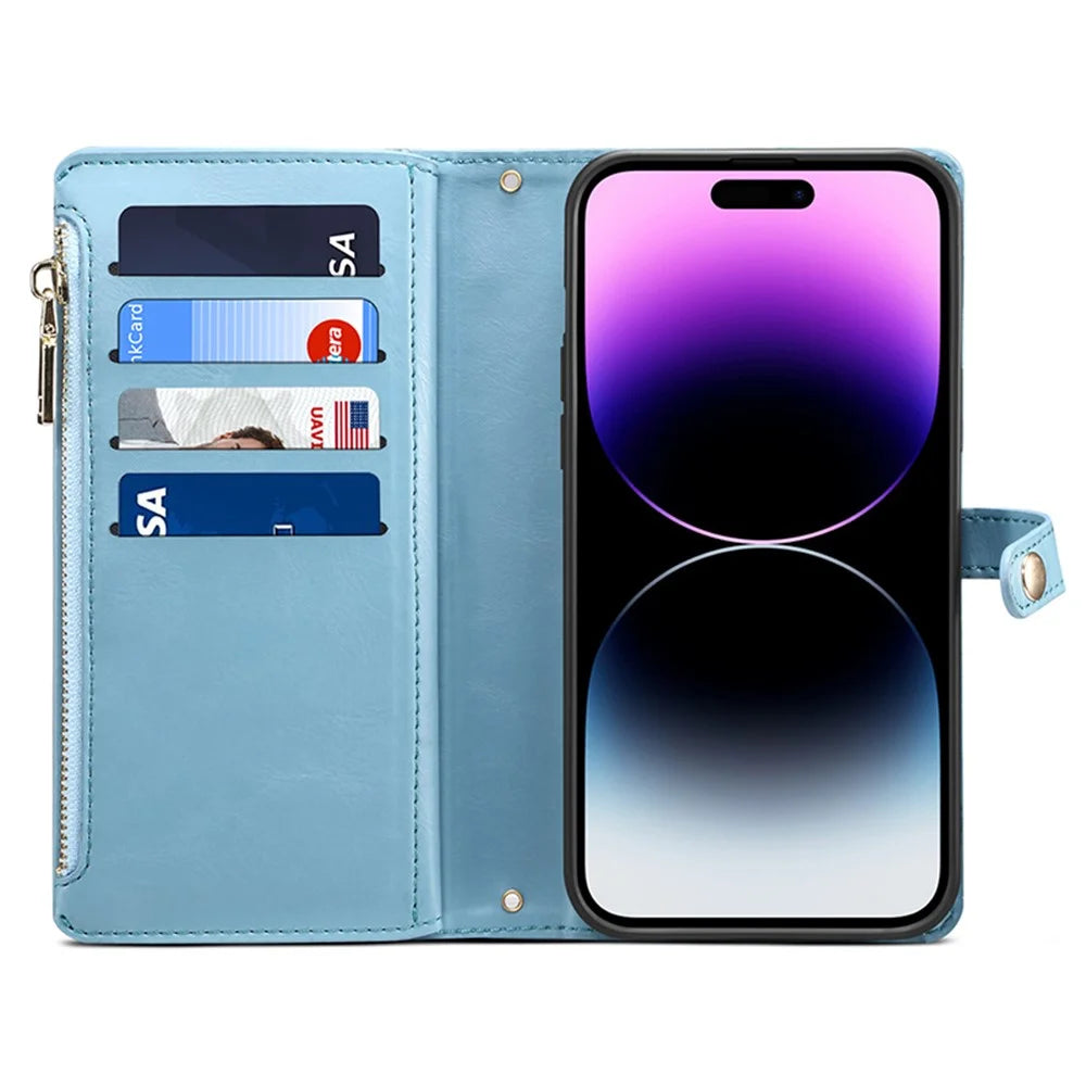 ESEBLE RFID Blocking Phone Case for iPhone 15 Pro Max , Zipper Pocket PU Leather Stand Wallet Cover - Blue - 2
