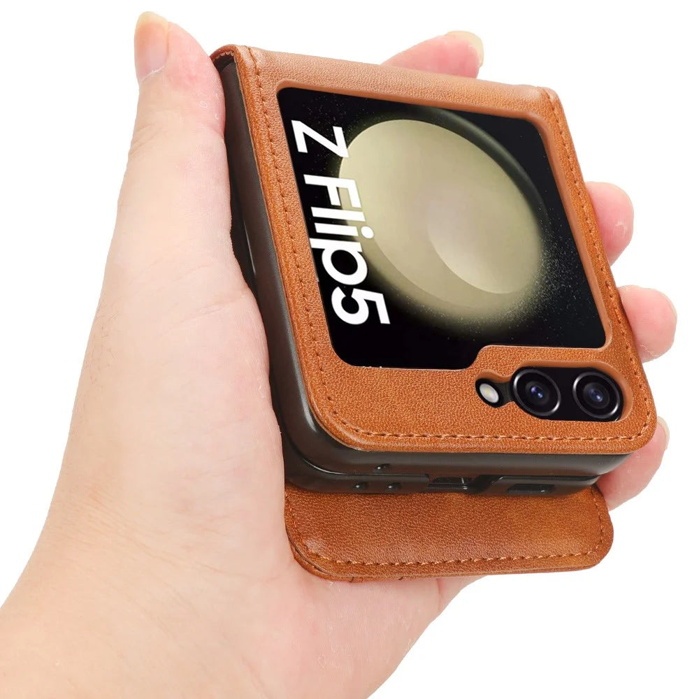 For Samsung Galaxy Z Flip5 5G Card Holder Phone Case PU Leather PC Shockproof Phone Protector Cover - Brown - 4