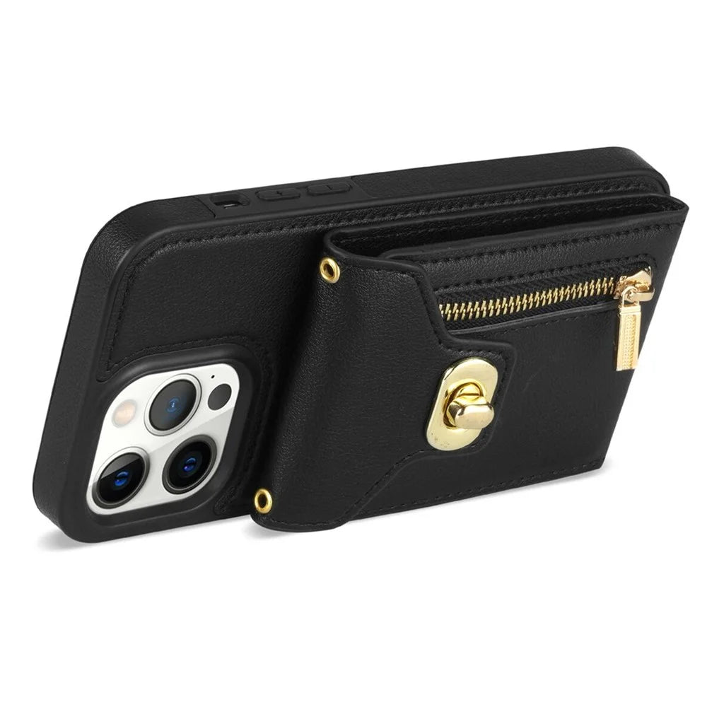 For iPhone 15 Pro Max Zipper Pocket Leather Coated TPU Phone Case Card Holder Kickstand Cover - Black - 2