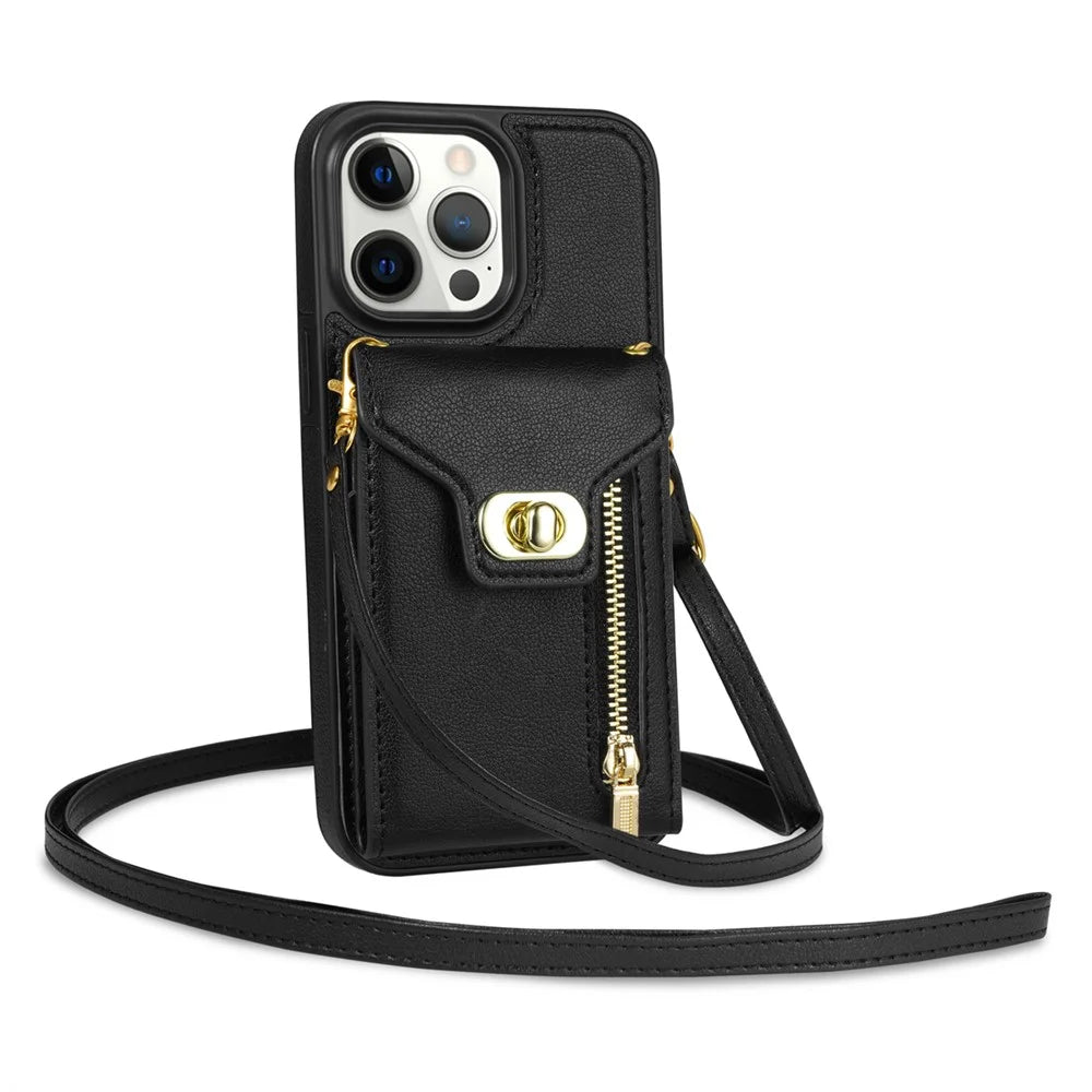 For iPhone 15 Pro Max Zipper Pocket Leather Coated TPU Phone Case Card Holder Kickstand Cover - Black - 4