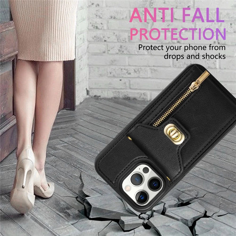 For iPhone 15 Pro Max Zipper Pocket Leather Coated TPU Phone Case Card Holder Kickstand Cover - Black - 7