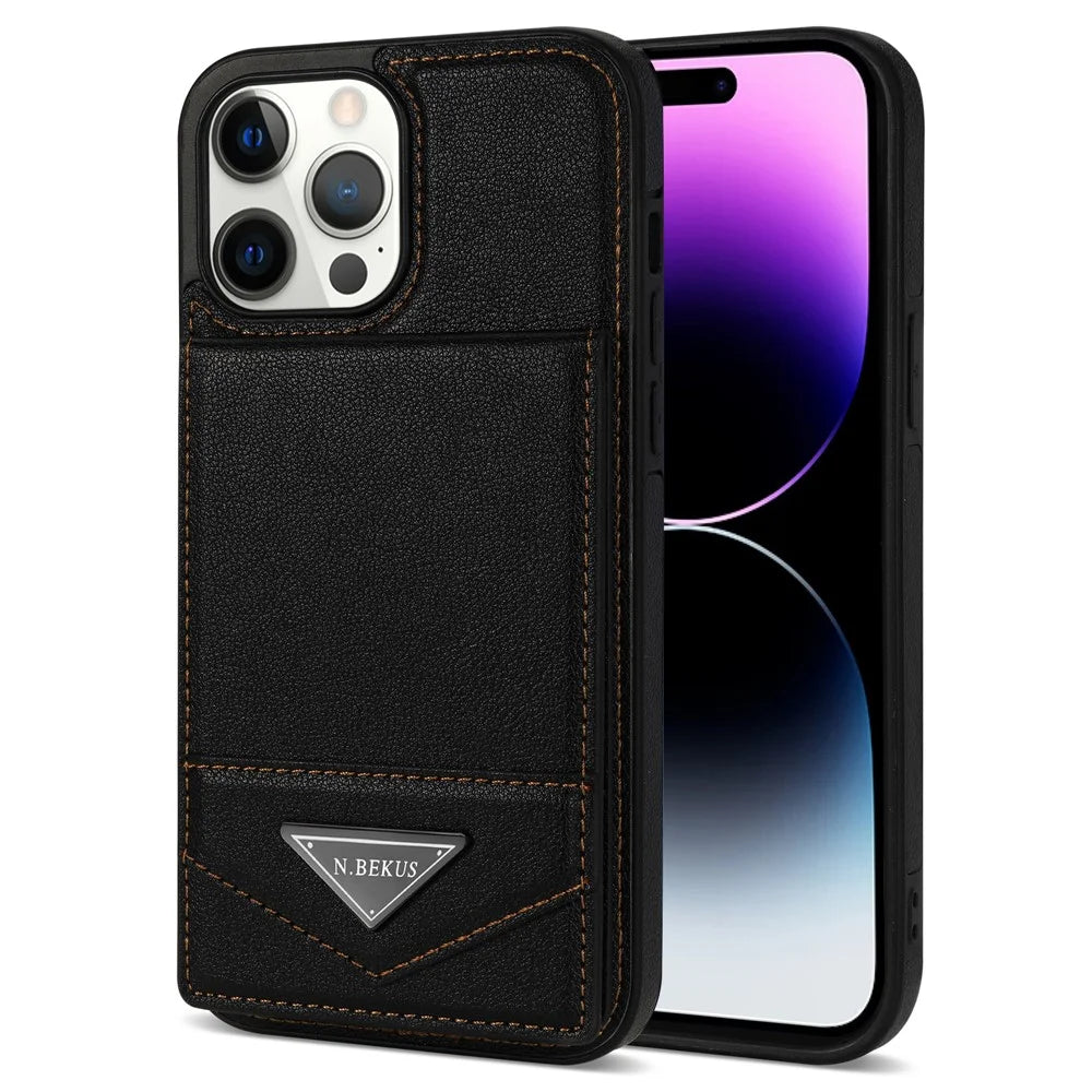 N.BEKUS For iPhone 14 Pro RFID Blocking PU Leather Coated TPU Phone Case Card Slots Kickstand Back Cover - Black - 1