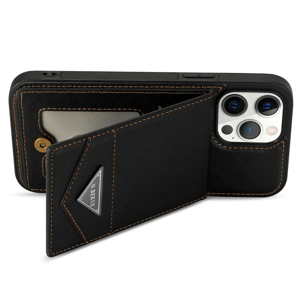 N.BEKUS For iPhone 14 Pro RFID Blocking PU Leather Coated TPU Phone Case Card Slots Kickstand Back Cover - Black - 2