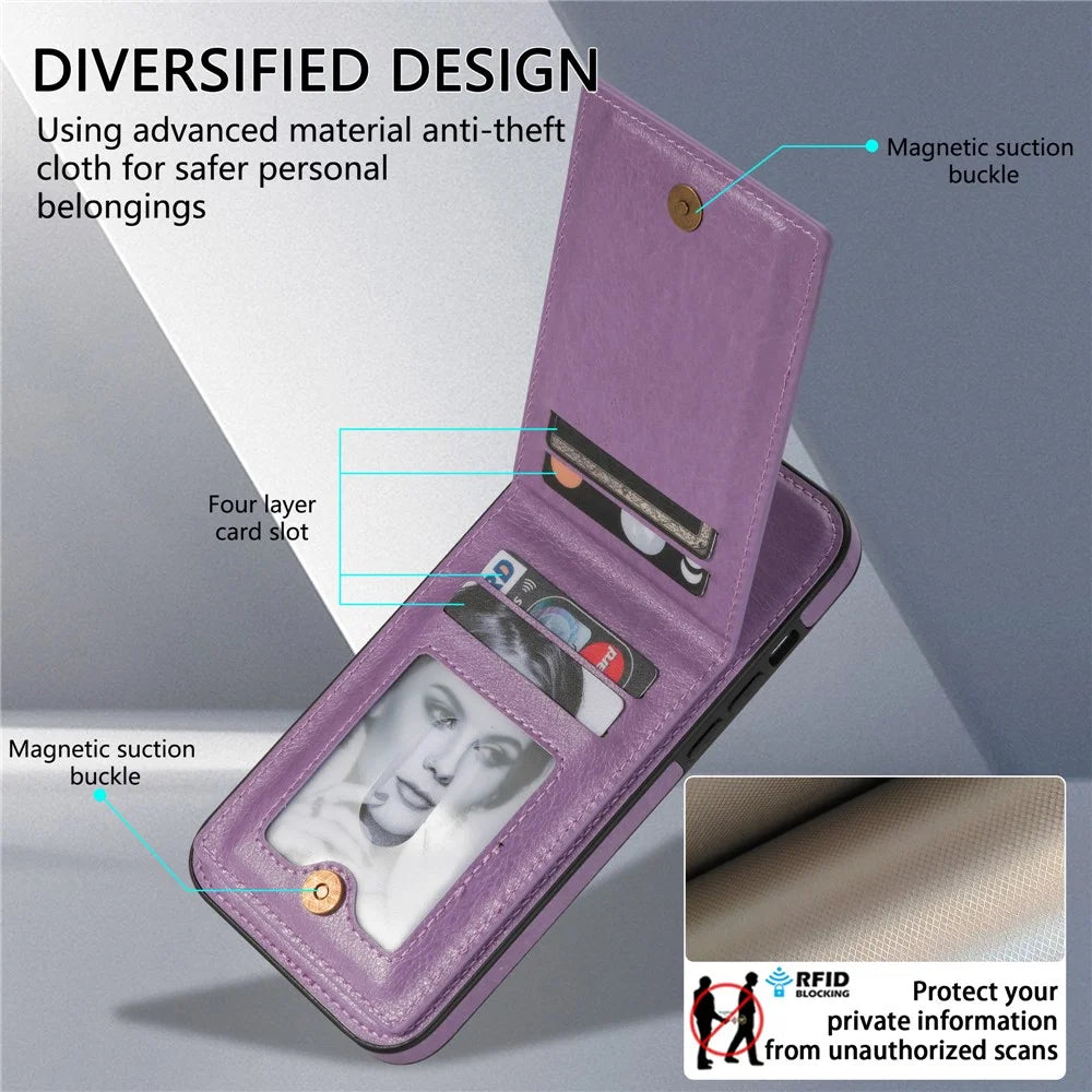N.BEKUS For iPhone 14 Pro Max PU Leather+TPU Kickstand Cover RFID Blocking Card Holder Phone Case - Purple - 7