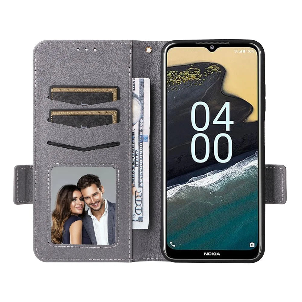 For Nokia G310 Litchi Texture PU Leather Cell Phone Case Wallet Stand Anti-Fingerprint Cover - Grey - 2