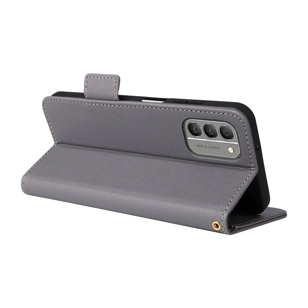 For Nokia G310 Litchi Texture PU Leather Cell Phone Case Wallet Stand Anti-Fingerprint Cover - Grey - 4
