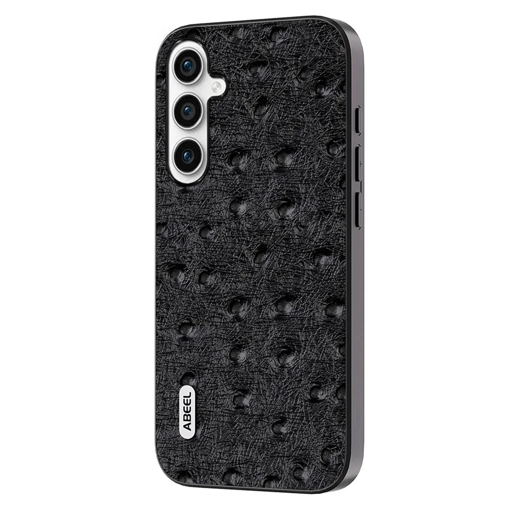 ABEEL For Samsung Galaxy S23 FE Genuine Cow Leather Surface Phone Case Ostrich Texture PC+TPU Cover - Black - 1