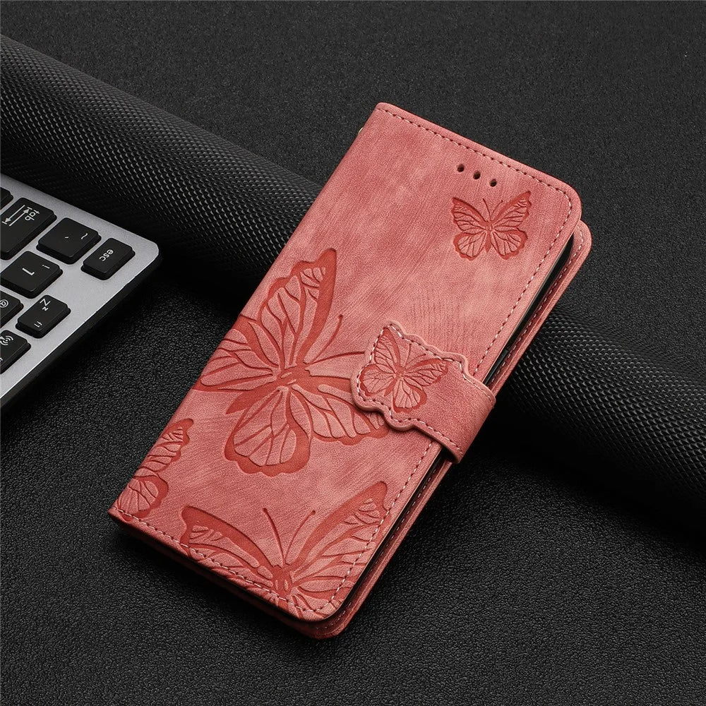 Imprinted Butterflies Phone Case for iPhone 15 , Skin-touch PU Leather Wallet Stand Cover with Strap - Pink - 7