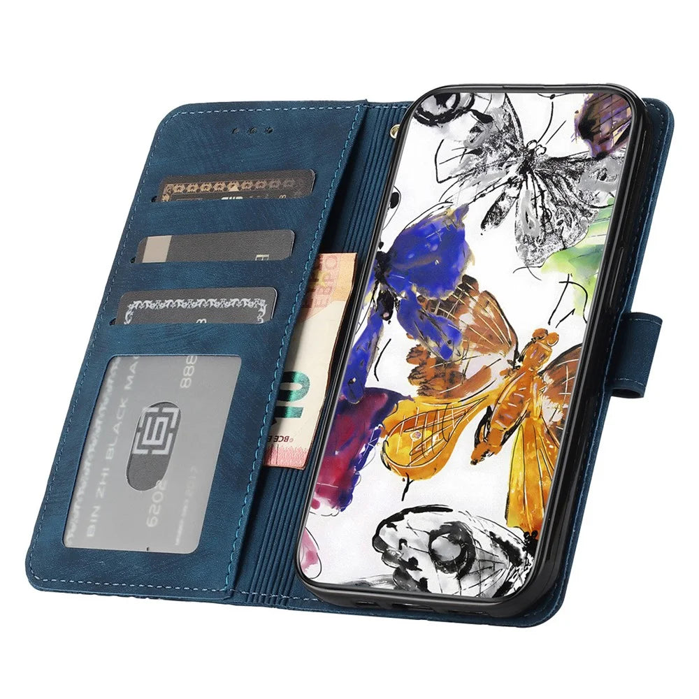 For iPhone 15 Plus Imprinted Butterflies Phone Case PU Leather Wallet Stand Skin-touch Cover with Strap - Blue - 2