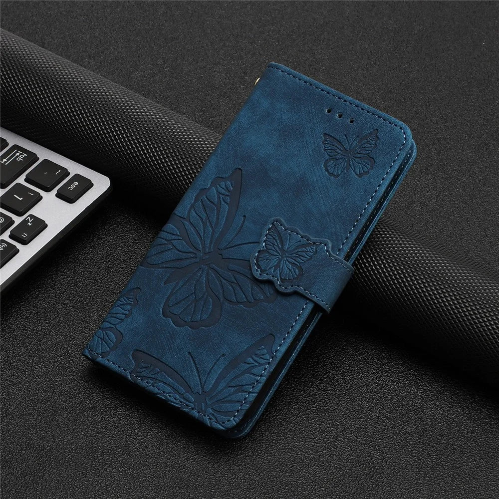 For iPhone 15 Plus Imprinted Butterflies Phone Case PU Leather Wallet Stand Skin-touch Cover with Strap - Blue - 7