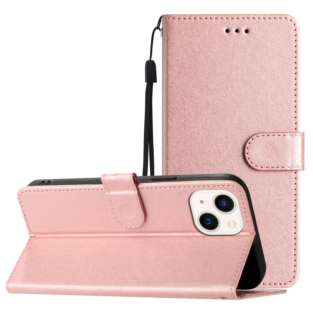 For iPhone 15 Plus PU Leather+TPU Wallet Stand Phone Cover Silk Texture Case with Strap - Rose Gold - 7