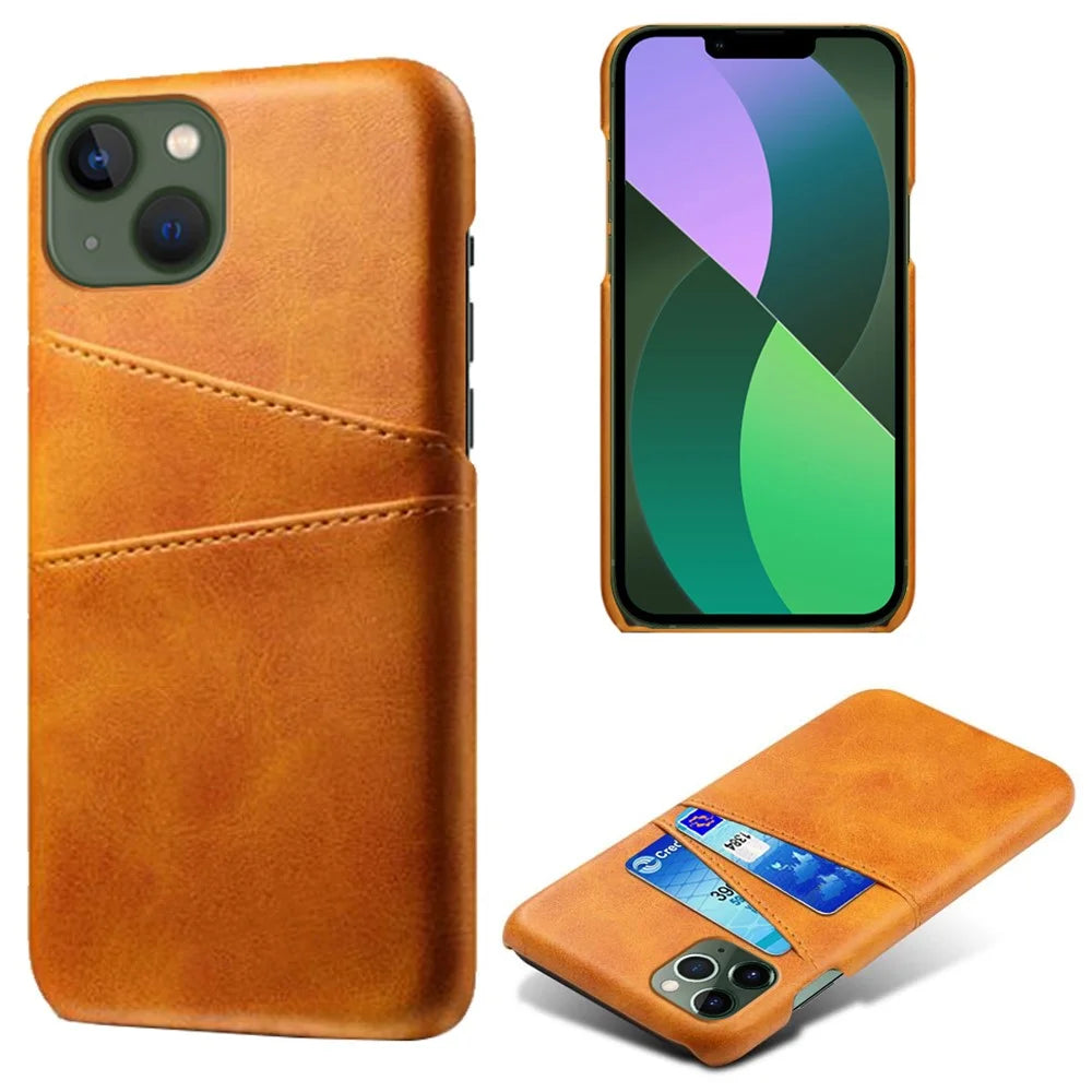 Dual Card Slots Phone Cover for iPhone 15 Plus, Anti-scratch PU Leather Coated PC Protective Back Case - Orange - 1