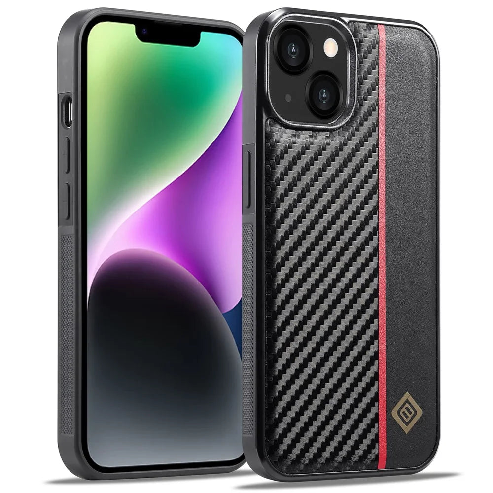 LC.IMEEKE For iPhone 14 Plus Phone Case Carbon Fiber Texture PU Leather Coated TPU + EVA Cover - 1