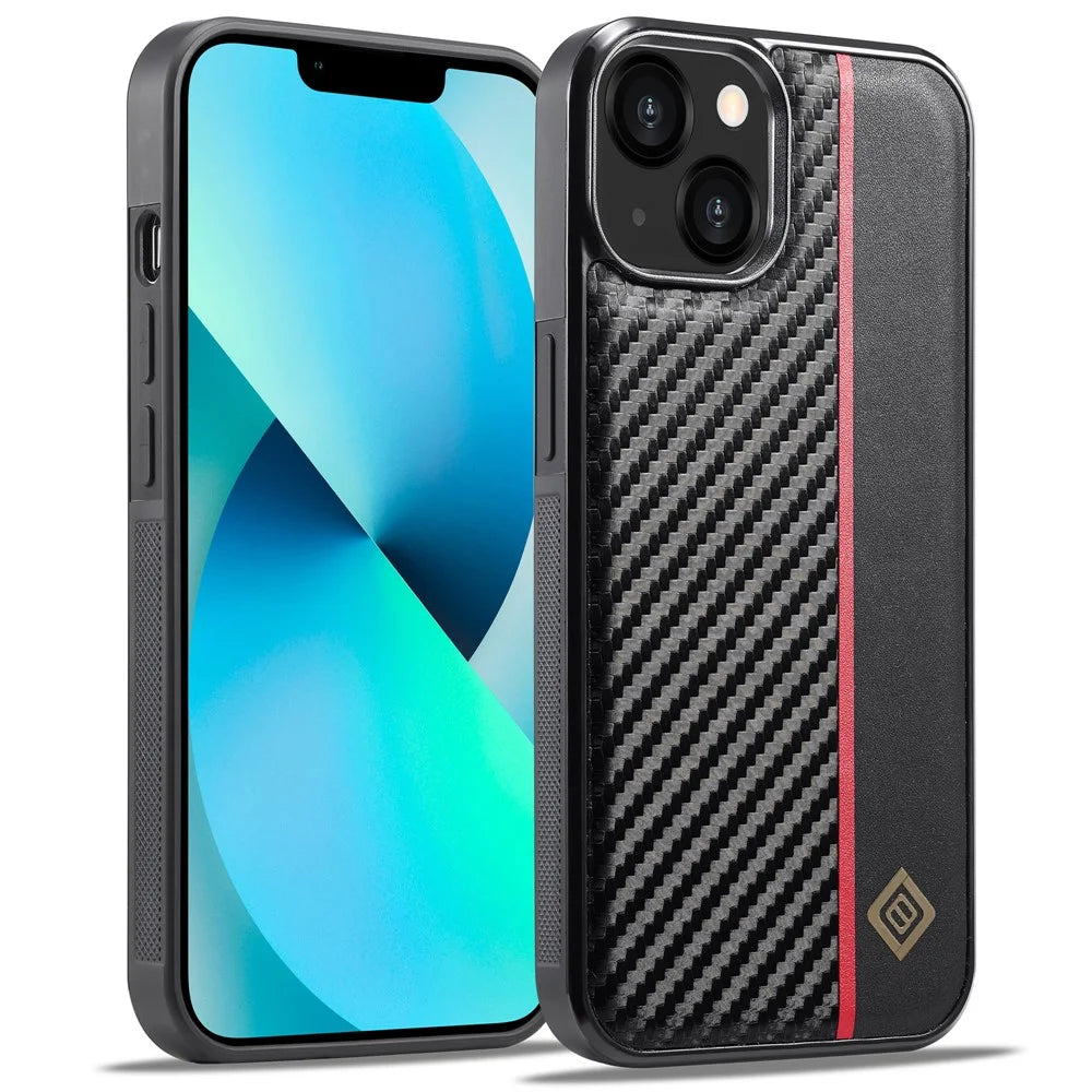 LC.IMEEKE For iPhone 13 6.1 inch Back Case Carbon Fiber Texture PU Leather Coated TPU+EVA Phone Cover - 1