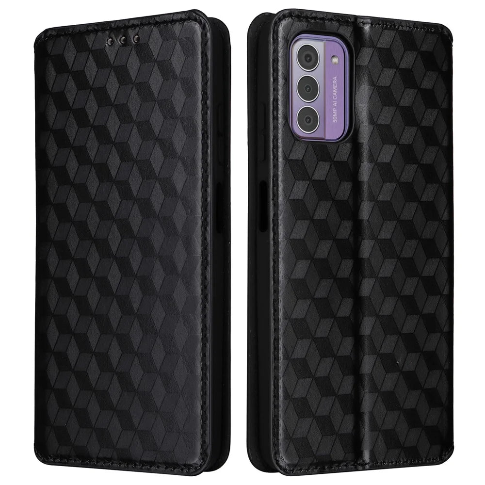 Phone Shell for Nokia C300 Bump Proof PU Leather Rhombus Imprinted Wallet Case Stand Flip Cover - Black - 1