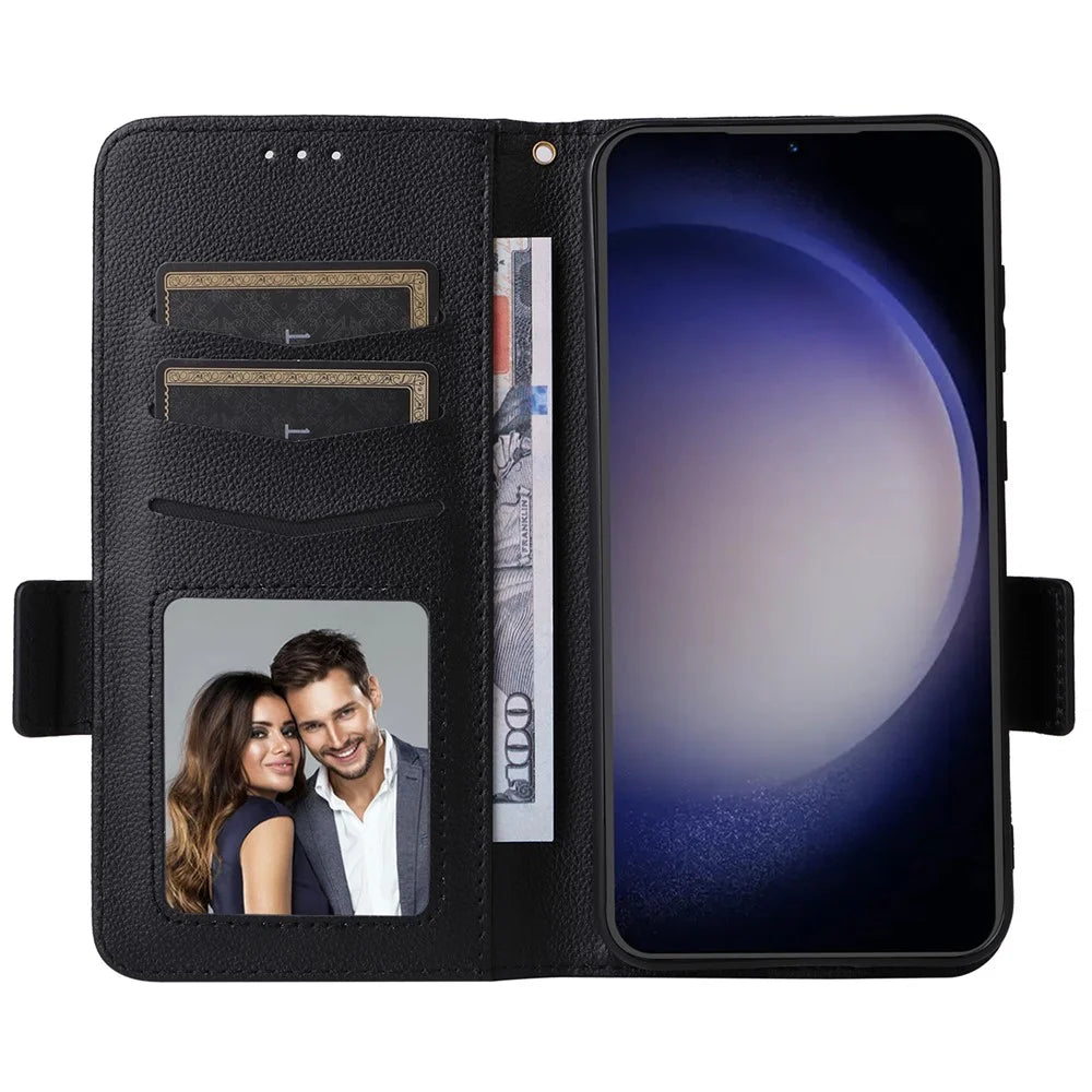 For Samsung Galaxy S23 FE Anti-scratch Litchi Texture PU Leather Case Wallet Stand Phone Cover with Strap - Black - 2