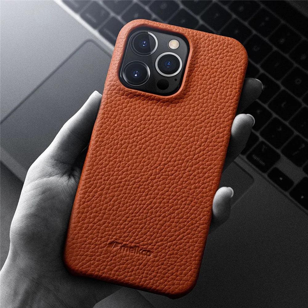 MELKCO For iPhone 14 Pro Genuine Cow Leather + PC Phone Cover Anti-scratch Case - Orange - 2