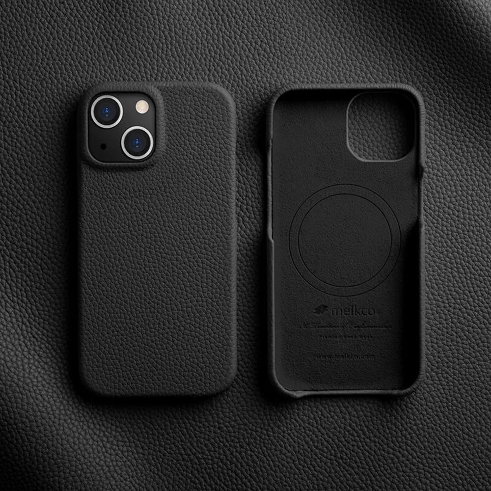 MELKCO For iPhone 14 Anti-drop Case Genuine Cow Leather+PC Phone Cover Compatible with MagSafe - Black - 2