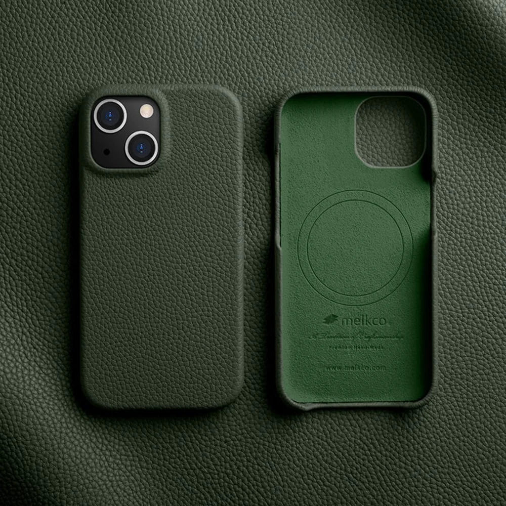 MELKCO For iPhone 14 Plus Genuine Cow Leather Coated PC Cover Protective Phone Case Compatible with MagSafe - Green - 2