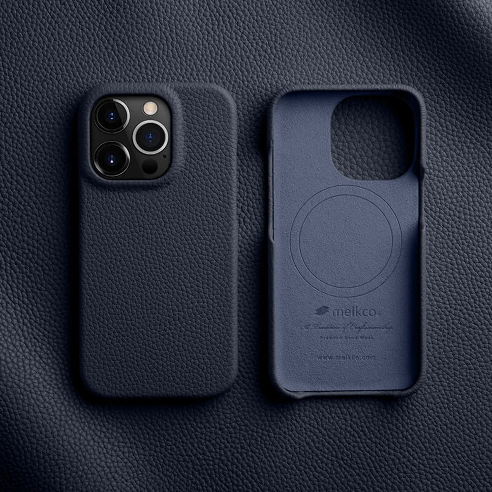 MELKCO For iPhone 14 Pro Genuine Cow Leather Coated PC Phone Case Magnetic Drop-proof Cover - Dark Blue - 2