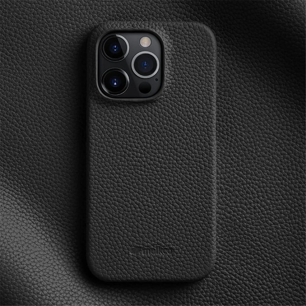 MELKCO For iPhone 13 Pro Max 6.7 inch Large Cutout Phone Case Genuine Cow Leather+PC Cover - Black - 2