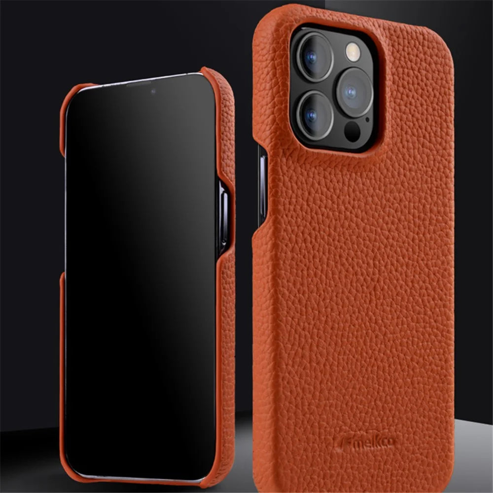 MELKCO For iPhone 13 Pro Max 6.7 inch Large Cutout Phone Case Genuine Cow Leather+PC Cover - Black - 3