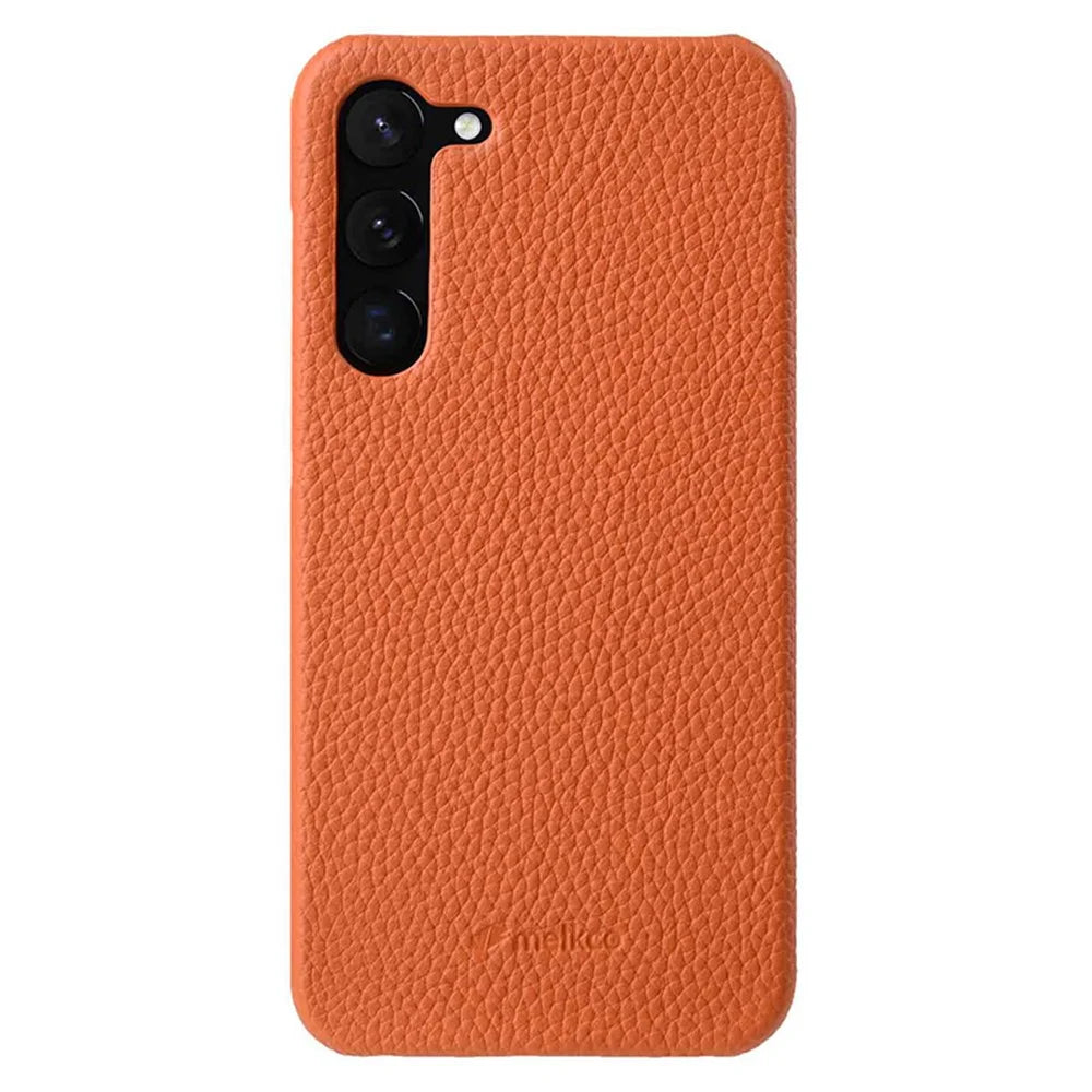 MELKCO Incomplete Cover for Samsung Galaxy S23 Anti-drop Genuine Cow Leather Coated PC Phone Shell - Orange - 1