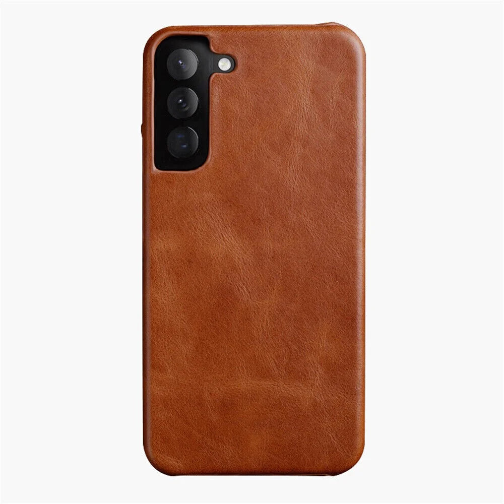 MELKCO Incomplete Case for Samsung Galaxy S23+ Waxy Genuine Cow Leather Coated PC Case Phone Shell - Brown - 1