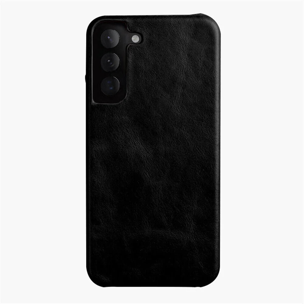 MELKCO For Samsung Galaxy S22+ 5G Phone Cover Incomplete Waxy Genuine Cow Leather Coated PC Back Case - Black - 1