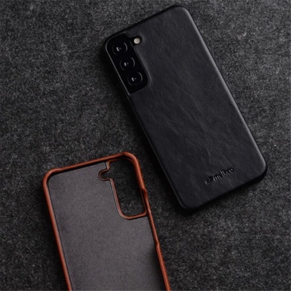 MELKCO For Samsung Galaxy S22+ 5G Phone Cover Incomplete Waxy Genuine Cow Leather Coated PC Back Case - Black - 3