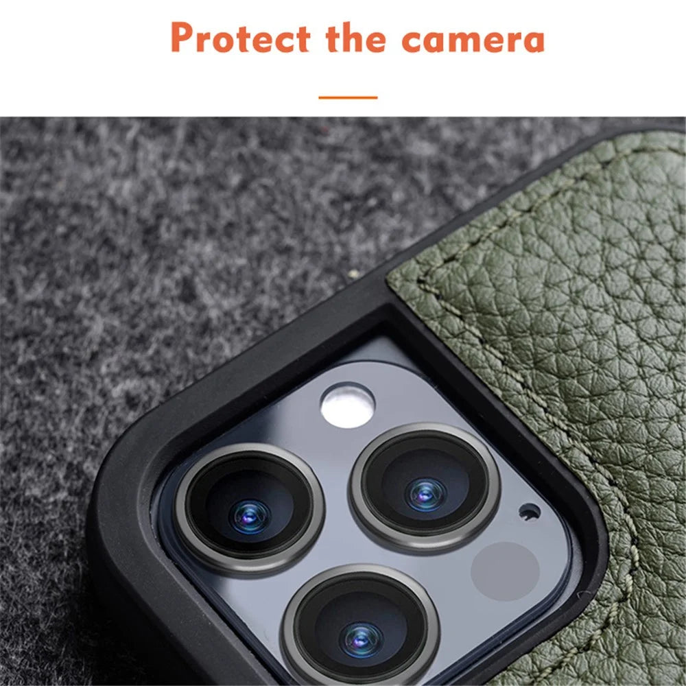 MELKCO Protective Case for iPhone 13 Pro 6.1 inch Genuine Cow Leather+Microfiber Leather+PC Phone Case - Green - 5