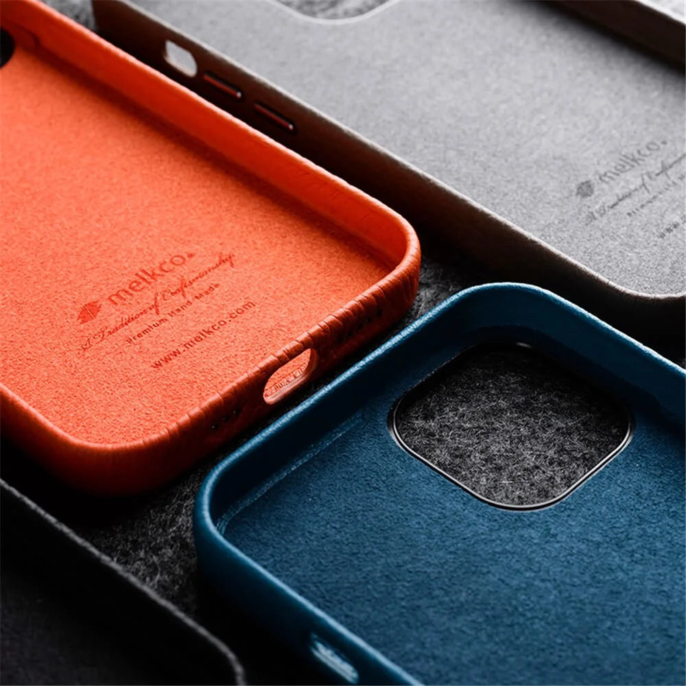 MELKCO For iPhone 13 Pro Max 6.7 inch Shockproof Case Metal Lens Frame+Genuine Cow Leather+Microfiber Leather+PC Phone Shell - Dark Blue - 6