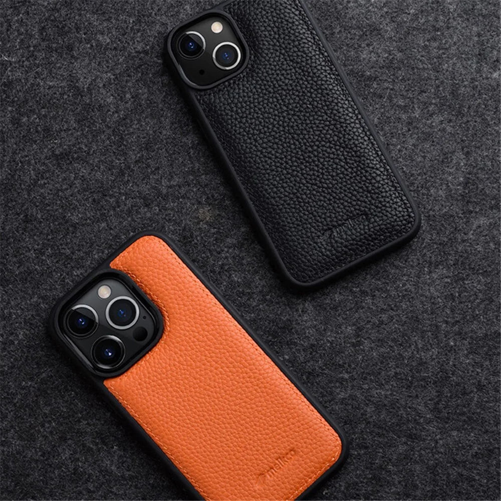 MELKCO For iPhone 14 Pro Max Protective Cover Genuine Cow Leather+Microfiber Leather+PC Phone Case - Orange - 6